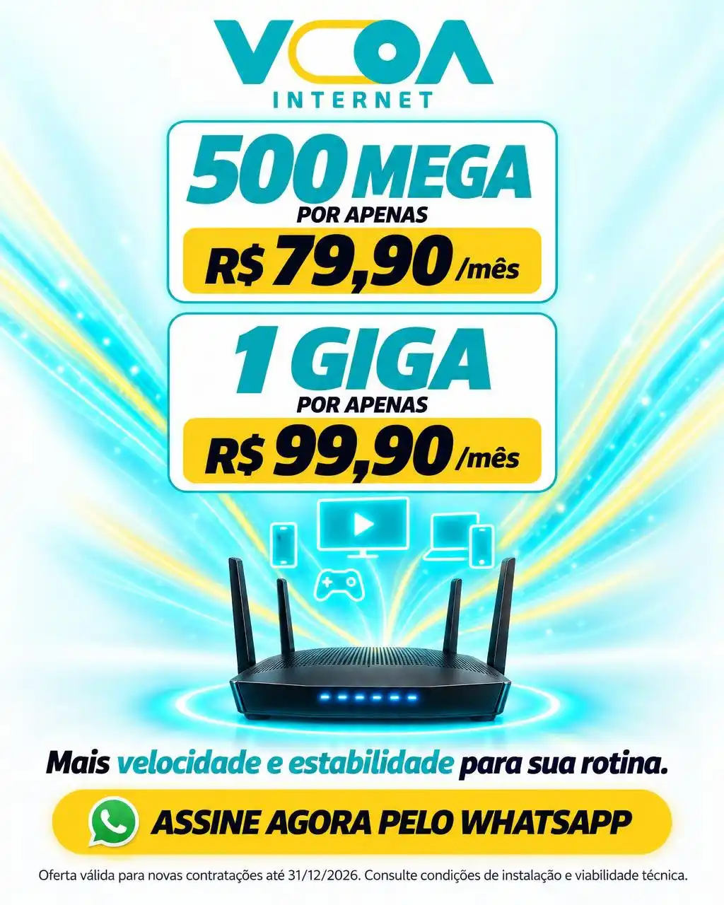 Voa Internet: 500 Mega por R$ 79,90 e 1 Giga por R$ 99,90 em todas as localidades atendidas